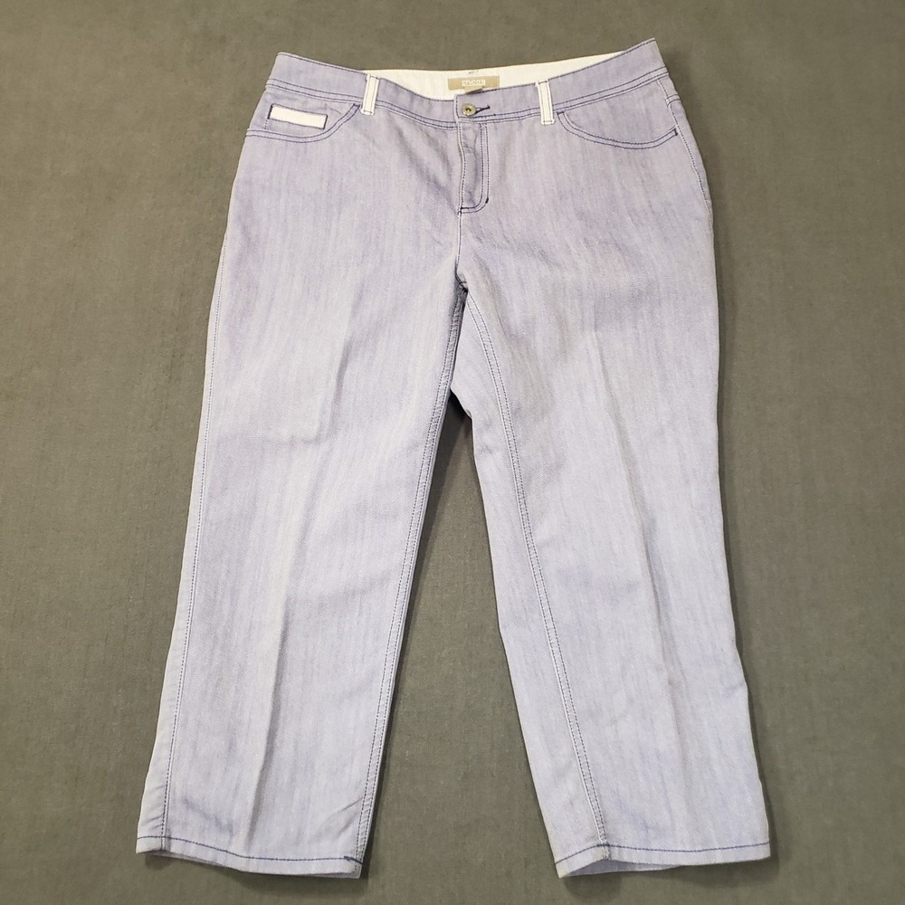 Chico's Cropped Denim Pants Womens Size 2/12 Blue Striped Stretch Straight Leg